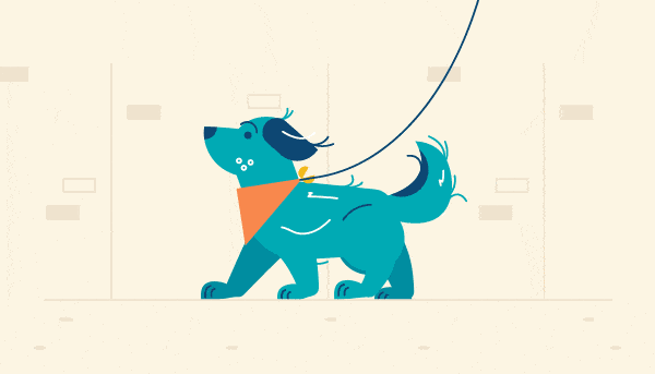 An animated dog walking nicely on the leash outside.